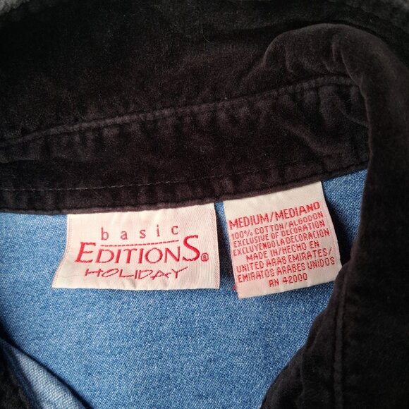 Vintage Basic Editions Holiday Christmas Shirt M Denim Chambray Jean Ornaments - Picture 5 of 16